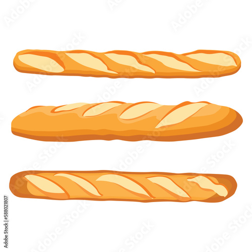 Vector illustration of baguette bread. French baguette set on a white isolated background. Slices of white bread. Half a loaf. Long Loaf Bread.