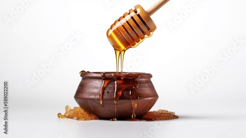 Wooden dipper with honey pouring or honey dripping from dipper isolated Generated AI