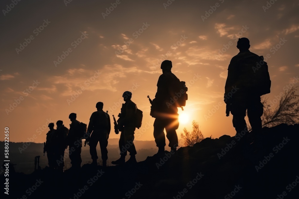 Military silhouettes at sunset, Generative AI