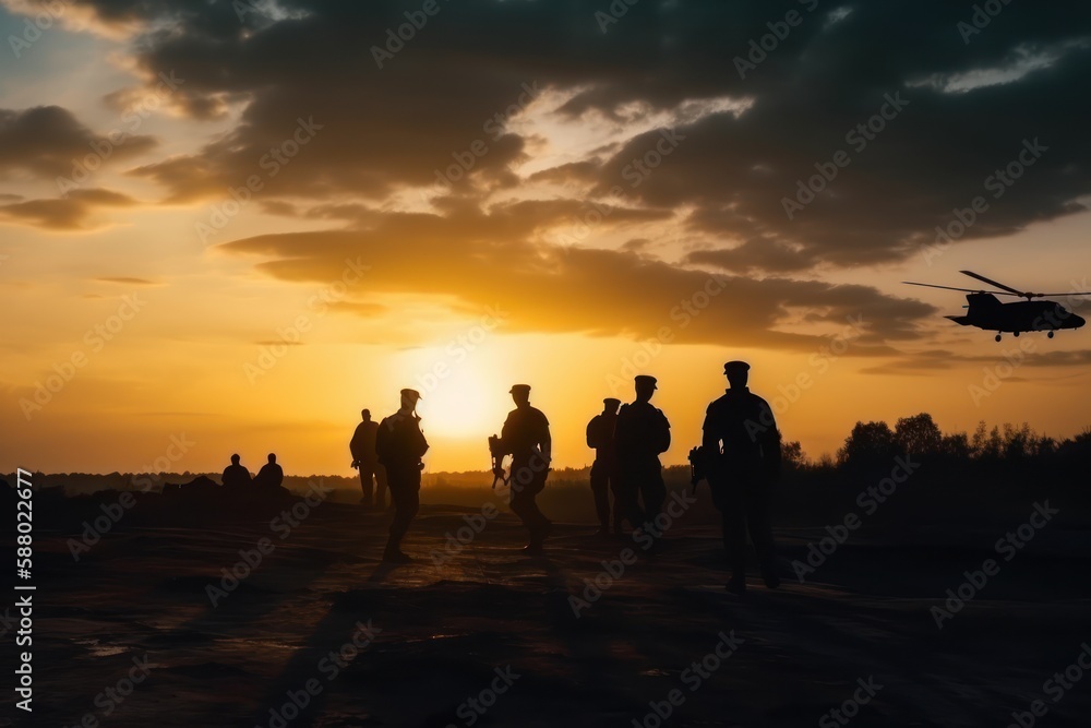 Military silhouettes at sunset, Generative AI