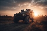 Military patrol car at sunset, Generative AI