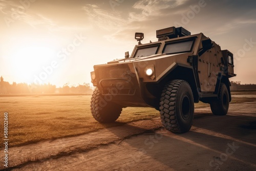 Military patrol car at sunset, Generative AI