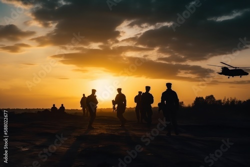 Military silhouettes at sunset, Generative AI © Rawf8