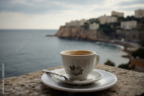 cup of coffee, elegant dishes, view from the balcony on the sea Generative AI