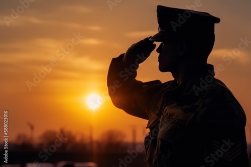 Saluting soldier silhouette, Generative AI photo