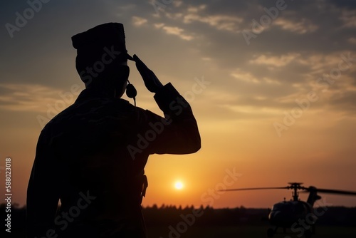 Saluting soldier silhouette, Generative AI © Rawf8