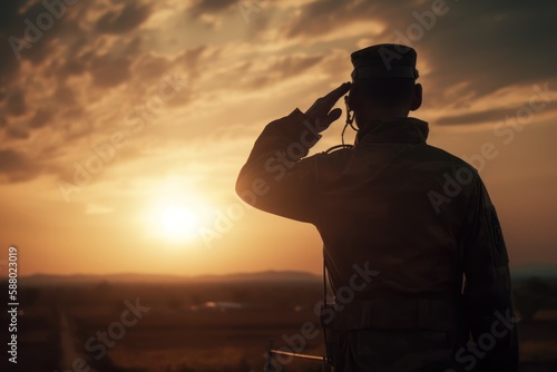 Saluting soldier silhouette, Generative AI