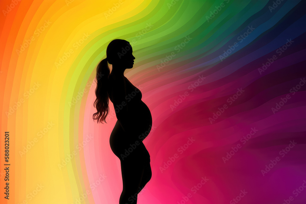 Pregnant woman silhouette on vibrant colourful background. Generative AI