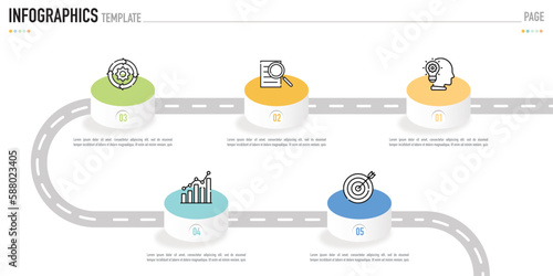 Circular isometric infographic template or element as a vector with 5 step, process, option, colorful 3D bar, stage, column, icons, origami, funnel, stair for sale slide, minimal modern simple style