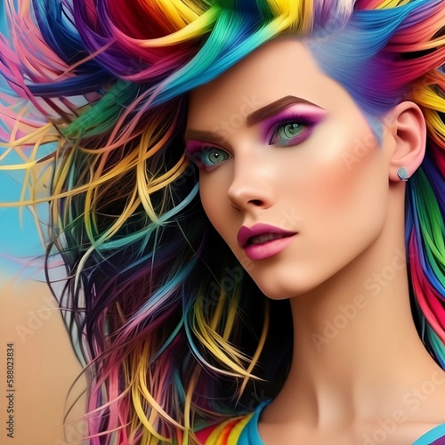 person with rainbow colored hair, Pride LGBTQ. gay, illustration, generative AI