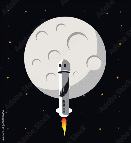 Blue origin rocket over the moon | Space ship rocket | Vector design illustration
