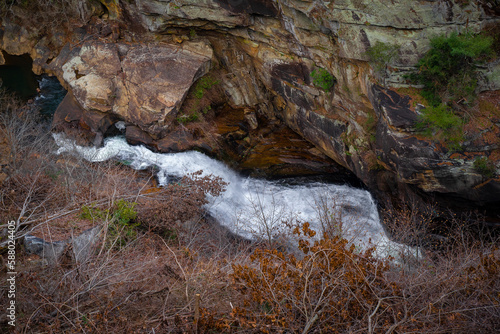 Outlooks around Tallulah Falls are in northeast of Atlanta, Habersham and Rabun County, Georgia. They are a series of six waterfalls cascading through Tallulah Gorge, an ancient 1,000-foot chasm carve