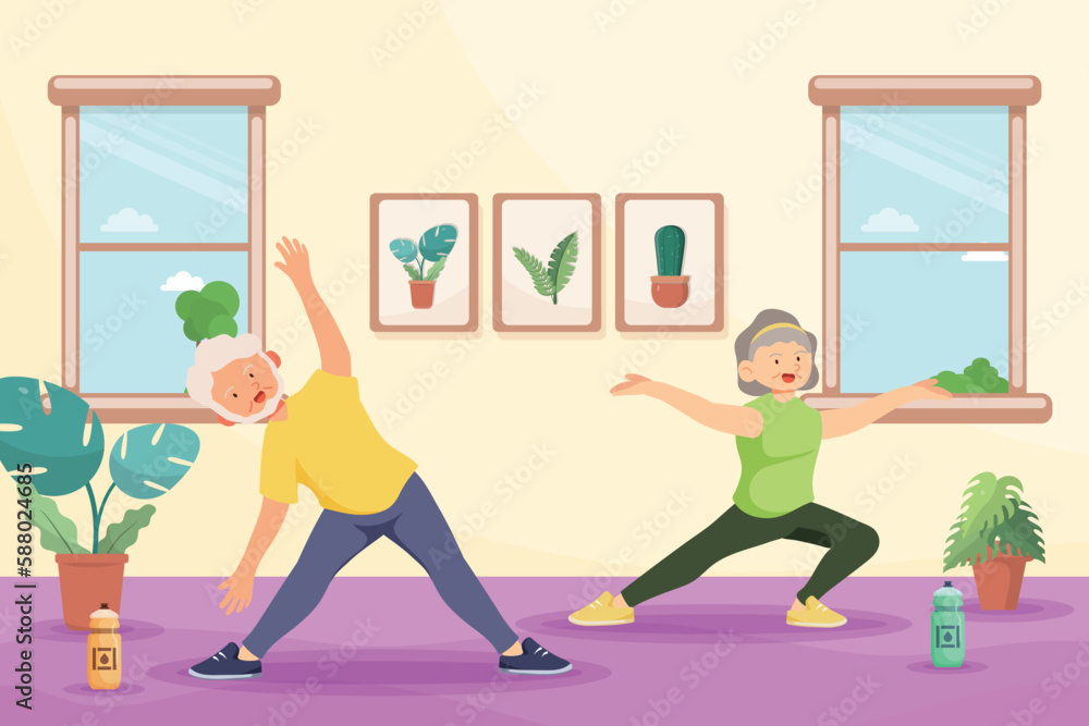 Fototapeta premium Old aged doing Yoga exercise at home,in cartoon character,