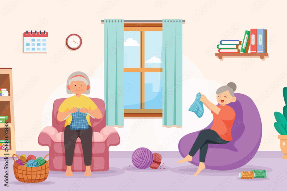 Old aged doing kniting work at home,hobby of senior
