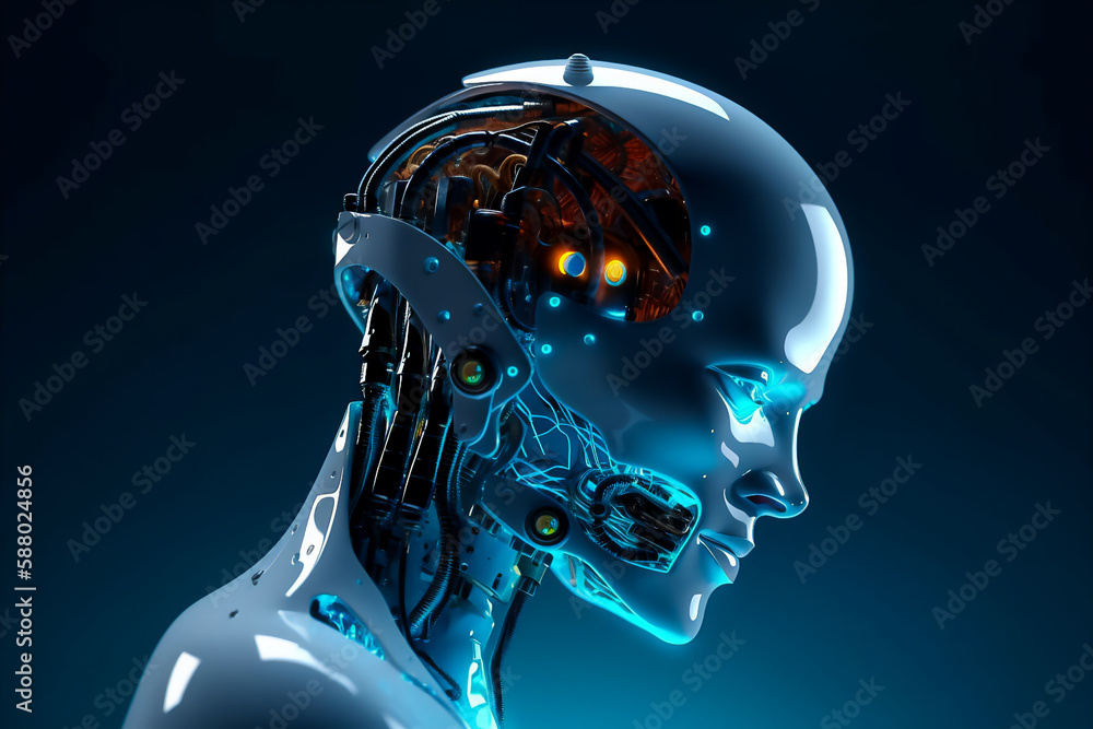 Side view of a humanoid head vibrant neon neural network, ai generated, Generative AI