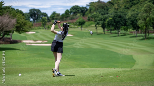 Professional woman golfer teeing golf in golf tournament competition at golf course for winner 