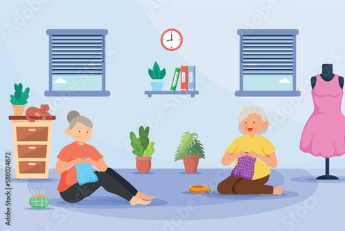 Old aged doing kniting work at home,hobby of senior