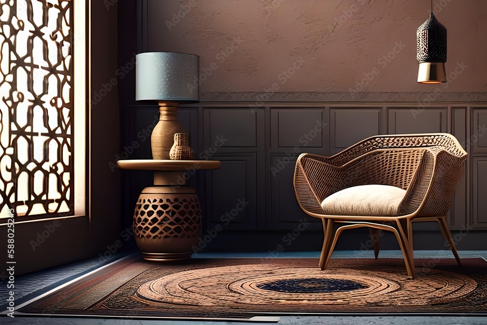 Fototapeta premium Arabic or Islamic style interior, Rattan Chair, Table, Lamp, Dried Flowers Vases with Patterned Floor