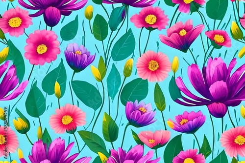 Watercolor purple Flowers and Leaves stock illustration, repeating pattern, seamless pattern with tulips, seamless pattern with flowers © Ameer