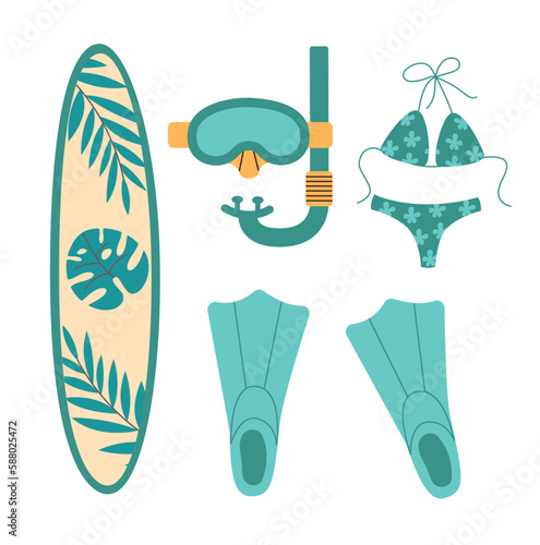Summertime accessory. Vector set of things for swimming. Vector illustration of fins, surfboard, mask and swimwear.