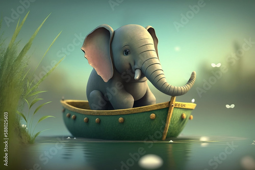 Little Elephant Drifting on a Serene Lake in a Tiny Boat