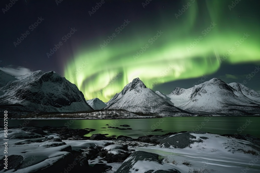Magical Night Under the Northern Lights: Illuminated Landscape with Snow-capped Mountains and an Aurora Borealis: Generative AI