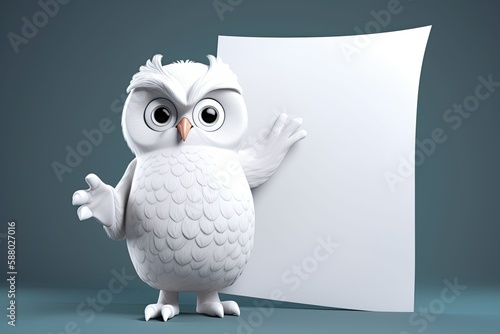 Cute 3D Cartoon Owl Holding Blank Sign - Perfect for Promotions, Signs, Logos, and more: Generative AI photo