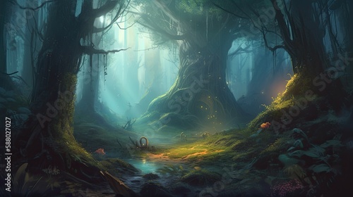 Dawn Magic in a Beautiful and Mysterious Deep Forest: Creative Fantasy Backdrop Concept Art Realistic Illustration Digital Painting CG Artwork Scenery Artwork Serious Book Illustration: Generative AI
