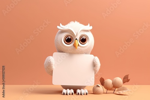 Cute 3D Cartoon Owl Holding an Empty Sign - Perfect for Logos, Sales and Promotions. Generative AI © AIGen