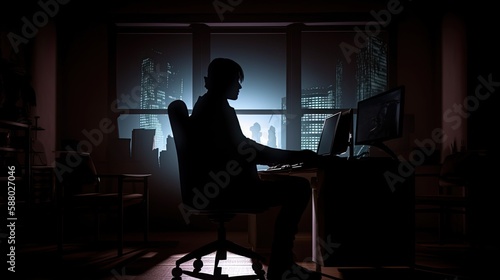 Generative Silhouette of a Hacker Illuminating the Room with a Computer: An Illustration: Generative AI