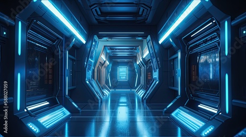 Futuristic 3D Spacecraft Interior: Captivating Blue Neon Lights Illuminate Panel Walls of an Interstellar Ship: Generative AI © AIGen