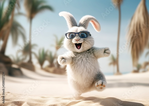 Happy Easter bunny in sunglasses on the beach. Cheerful and happy because the holidays are here. Generative AI.
