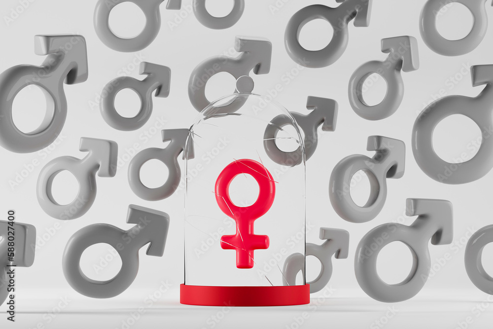 Struggle with patriarchy. Red female symbol in glass case surrounded with male symbols Struggle with patriarchy. Red female symbol in glass case surrounded with male symbols
