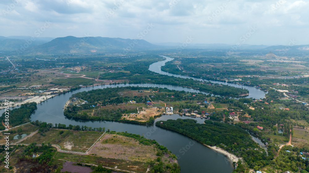 aerial view of the Kampot province river, Cambodia