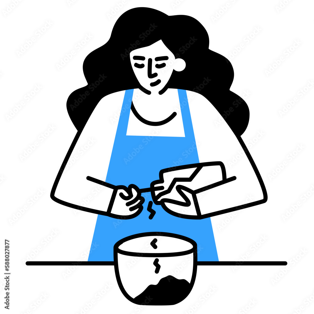 Woman pouring ingredients into a mixing bowl. Mother cooking, baking flat vector illustration Woman pouring ingredients into a mixing bowl. Mother cooking, baking flat vector illustration