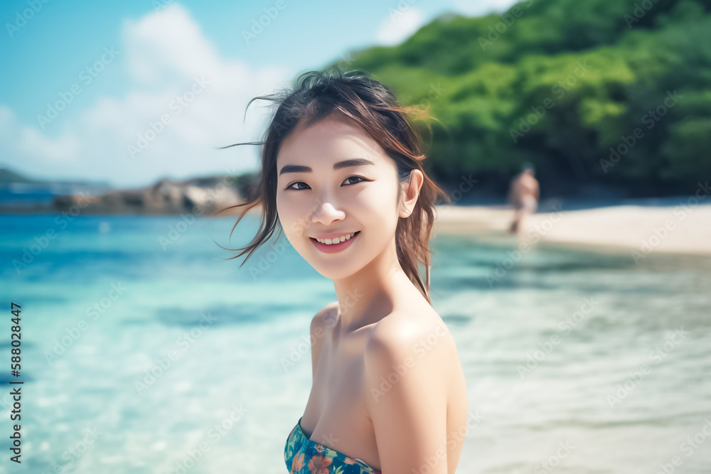 young Asian woman in swimsuit is posting on the beach for photo shooting created with generative AI technology young Asian woman in swimsuit is posting on the beach for photo shooting created with generative AI technology