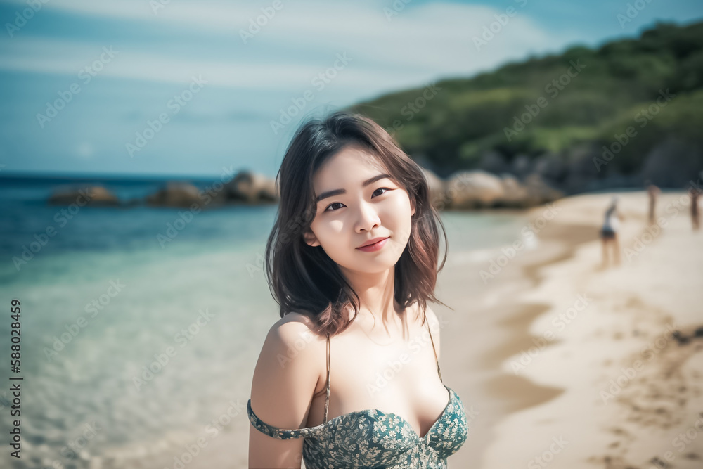 young Asian woman in swimsuit is posting on the beach for photo shooting created with generative AI technology young Asian woman in swimsuit is posting on the beach for photo shooting created with generative AI technology