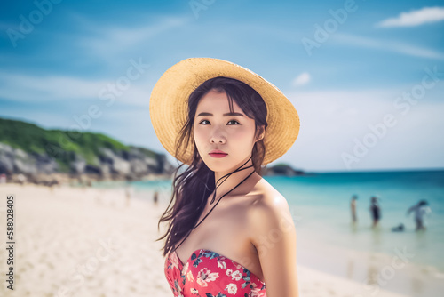young Asian woman in swimsuit is posting on the beach for photo shooting created with generative AI technology © Surachetsh