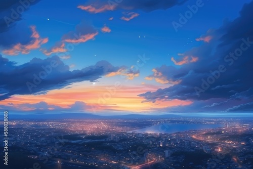 街のはずれの丘の上から見た、黄昏時の入道雲のある空と夕日