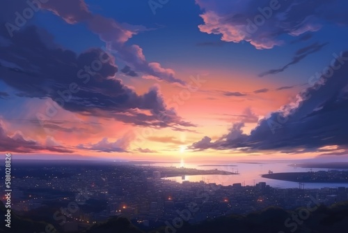 街のはずれの丘の上から見た、黄昏時の入道雲のある空と夕日 © PhotoSozai