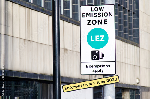 Low emission zone sign in city centre of Glasgow being enforced for all vehicles photo