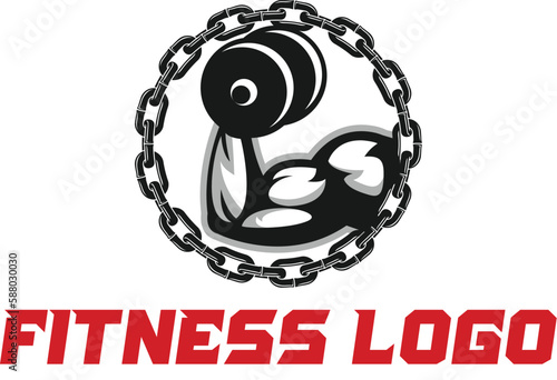 Logo template with the image of a muscular arm with chain, which holds the dumbbell, gym and fitness logo
