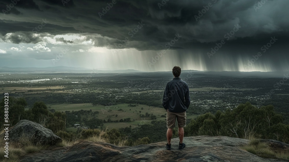 A person standing on a hill watching a thunderstorm in the distance. Generative AI A person standing on a hill watching a thunderstorm in the distance. Generative AI