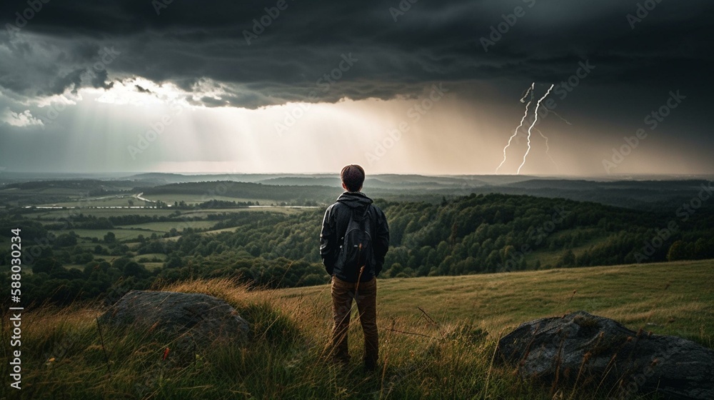 A person standing on a hill watching a thunderstorm in the distance. Generative AI A person standing on a hill watching a thunderstorm in the distance. Generative AI