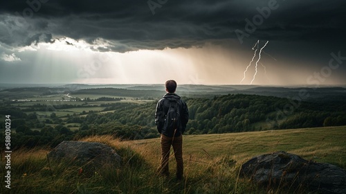 A person standing on a hill watching a thunderstorm in the distance. Generative AI © Наталья Евтехова