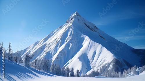 A snow-covered mountain peak with a bright blue sky above. Generative AI
