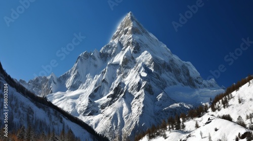 A snow-covered mountain peak with a bright blue sky above. Generative AI photo