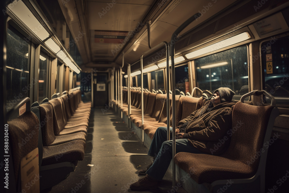 Fototapeta premium Waiting Alone: Homeless at Public Transportation Station. An illustration of a homeless person waiting for public transportation, highlighting their vulnerability and isolation. Ai generated.