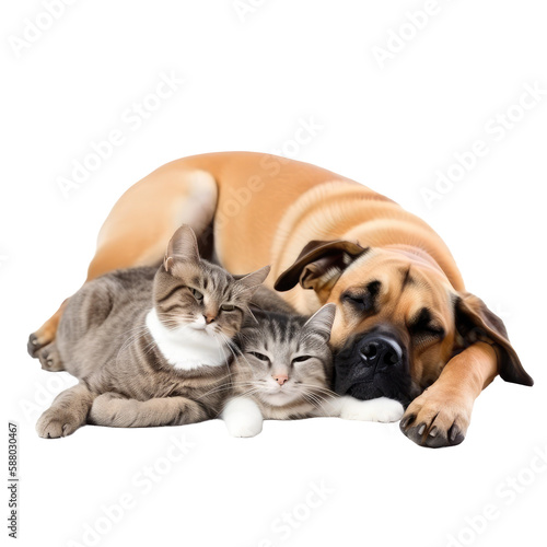 cats and dog sleep together isolate on background