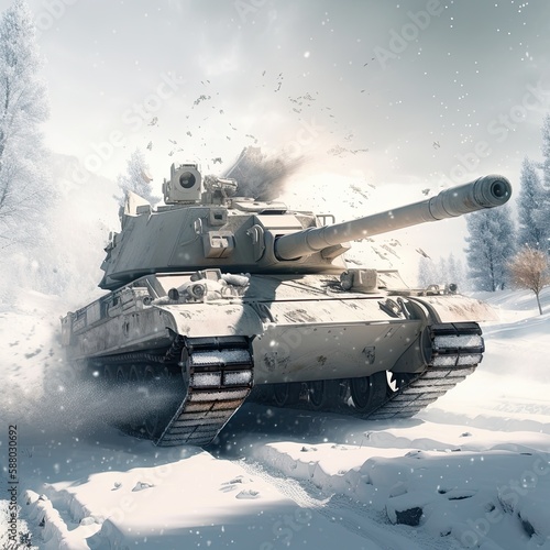 Modern Main Battle Tank Fights Through Snow-Covered Battlefield, Showing Power of Heavy Armoring and Armed Artillery, Generative AI